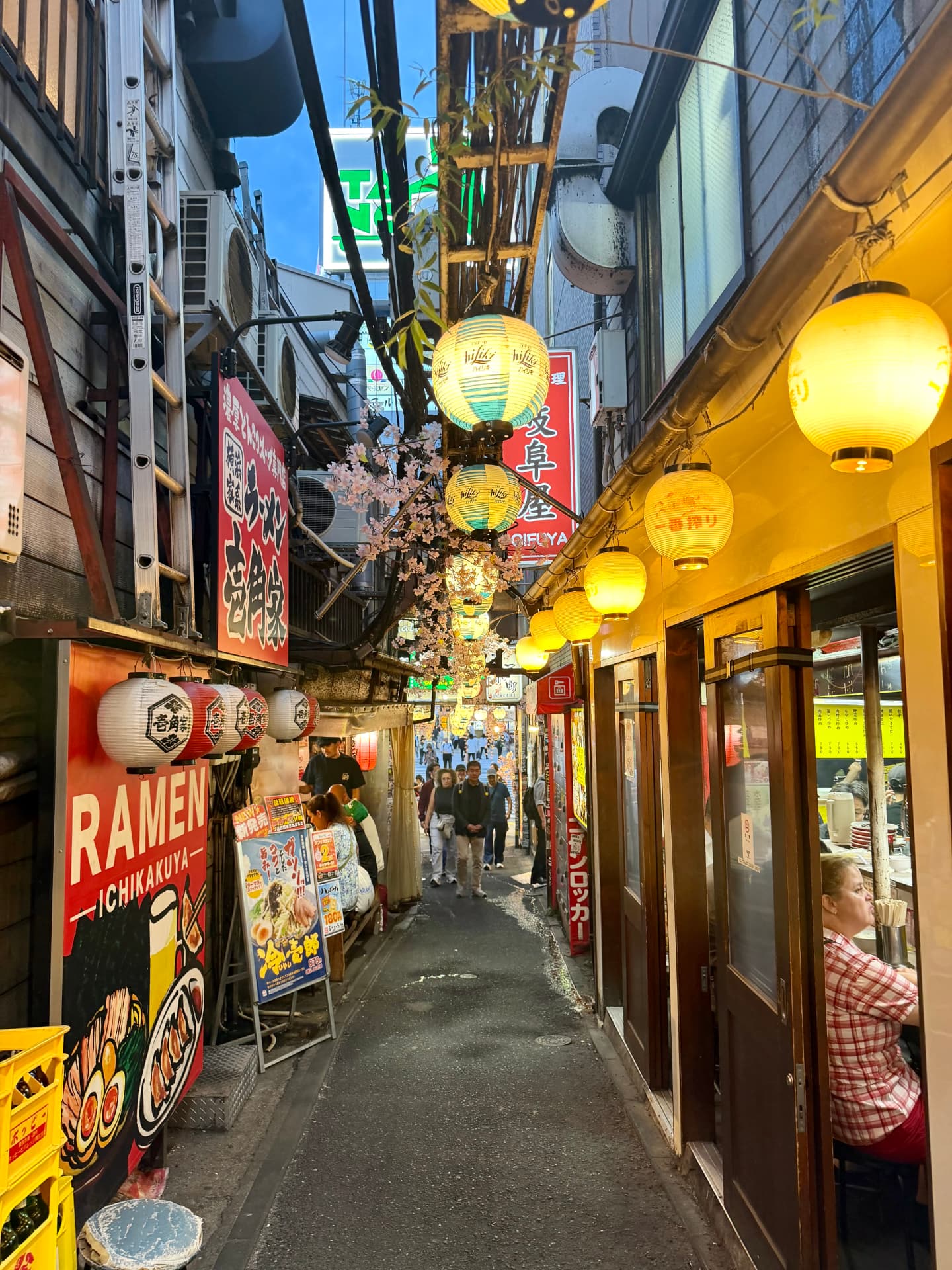 Calle de restaurantes iluminada en Osaka