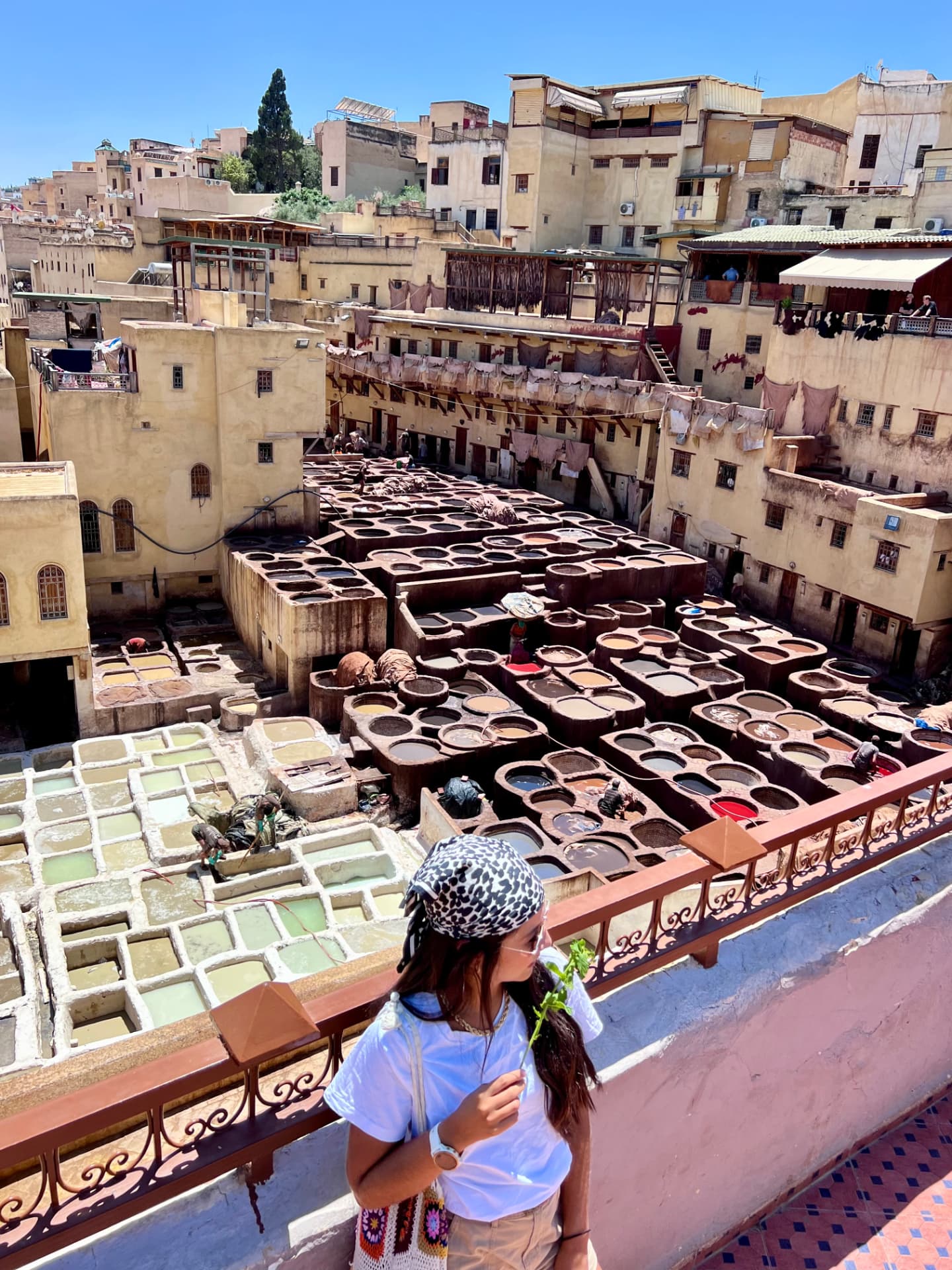 Viajera Weppa mirando las tenerías de Fez, Marruecos